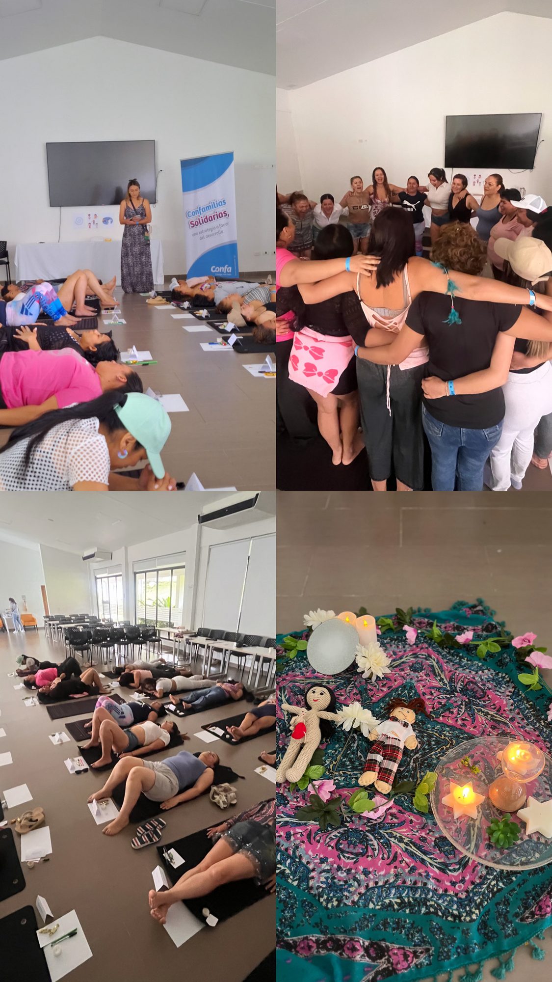 Collage de cuatro fotos del encuentro con mujeres: un círculo abrazado, la sesión en el salón y un mandala de flores con velas