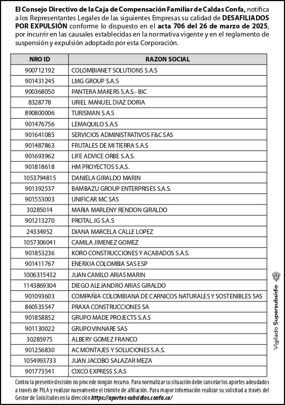 Notificación desafiliaciónpor expulsión: listado de empresas notificadas