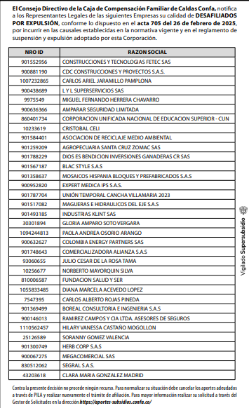 Notificación de desafiliación por expulsión de la Caja de Compensación Familiar de Caldas, con la lista de empresas, febrero de 2025