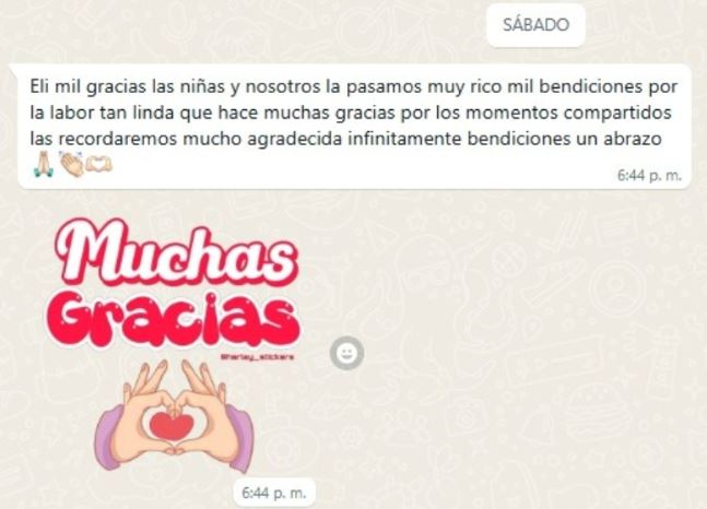 Mensaje de WhatsApp de una madre que agradece a Confamilias por el cariño hacia las niñas
