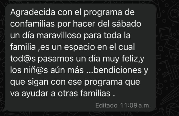 Mensaje de una participante que agradece el sábado de Confamilias, un día muy feliz para toda la familia