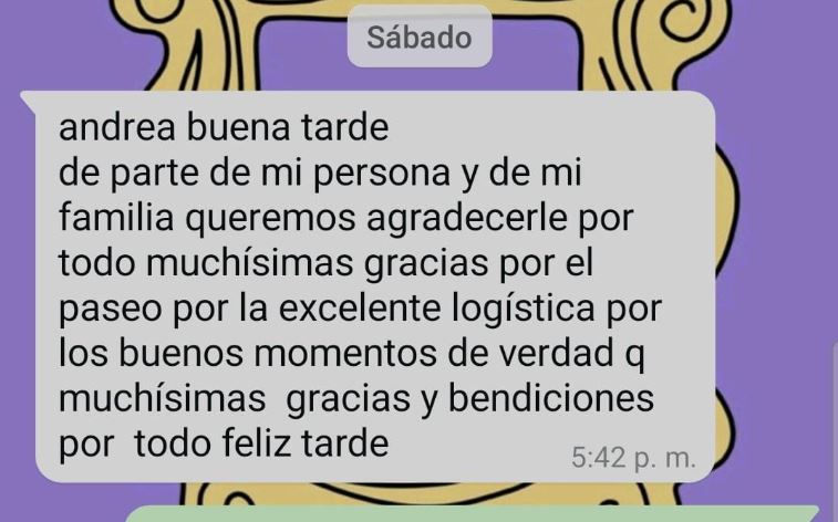 Mensaje de una familia que agradece la logística del paseo de Confamilias Solidarias