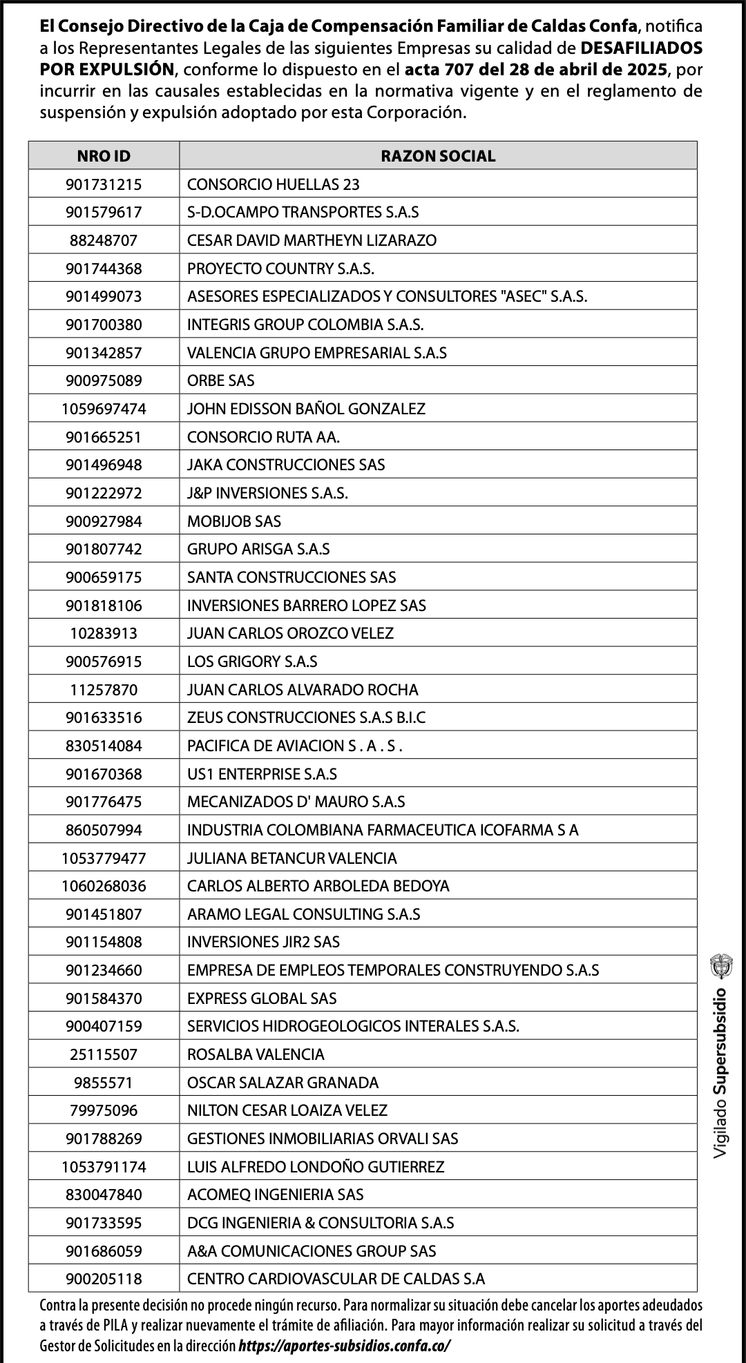 Notificación: Desafiliados: listado de empresas notificadas