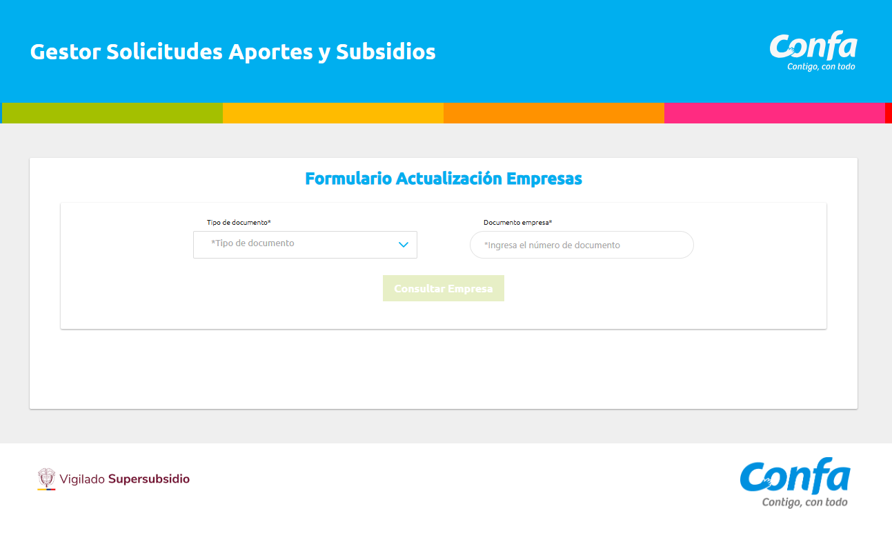 Formulario de Actualización de Empresas: selección del tipo y número de documento de la empresa