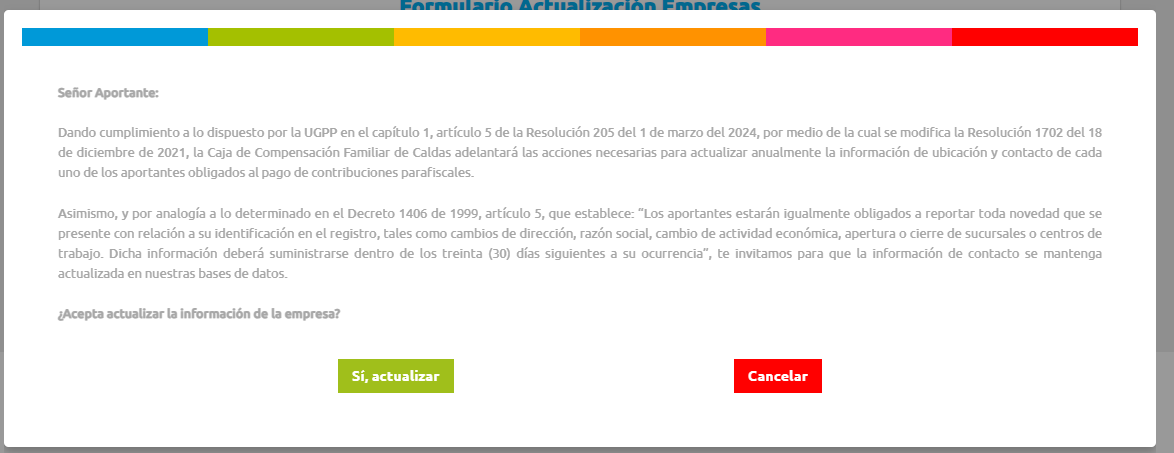 Aviso legal para aportantes sobre la obligación de actualizar los datos de ubicación y contacto, con los botones Sí, actualizar y Cancelar