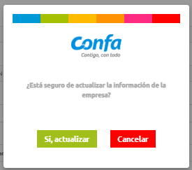 Ventana de confirmación con la pregunta si está seguro de actualizar la información de la empresa, con los botones Sí, actualizar y Cancelar