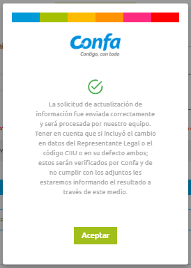 Mensaje de confirmación: la solicitud de actualización fue enviada correctamente y será procesada por Confa