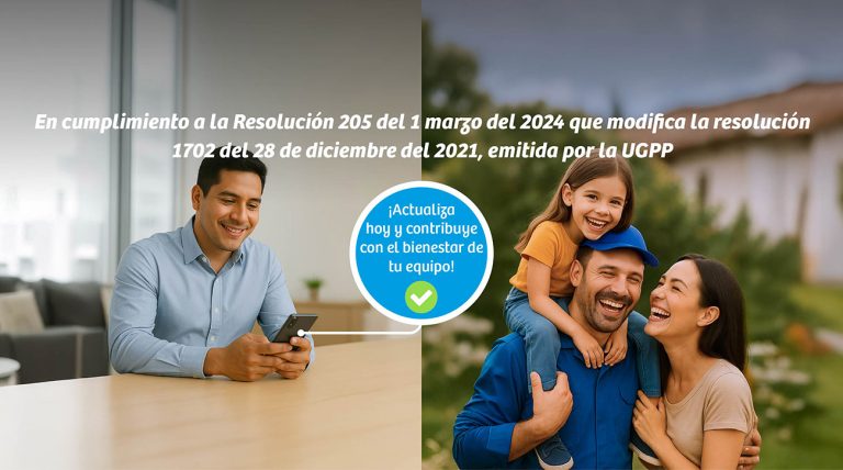 Una familia sonriente y un hombre sonriente en su dispositivo movil invitando a realizar actualizacion de datos a empresas