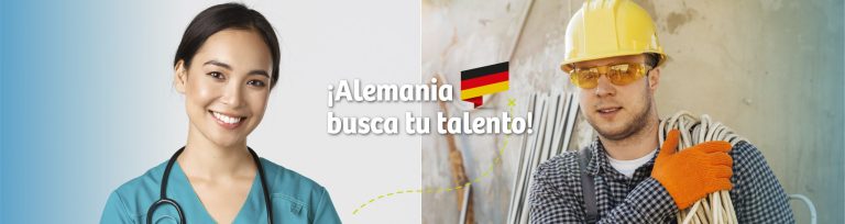 Un hombre y una mujer sonrientes porque se postularon a las vacantes en Alemania, Profesional de enfermería y Tecnólogo en Electricidad Industrial