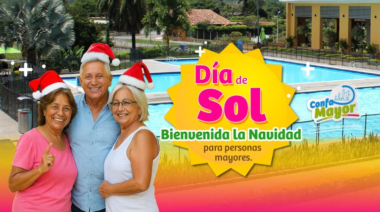 Personas mayores, hombre y mujeres felices celebran la Navidad en el Día de sol Confa