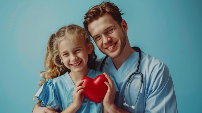 Un médico y una niña sonrien felices porque están vacunados contra la meningitis