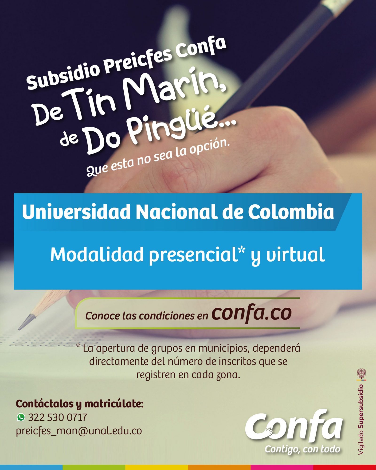 Póster del Subsidio Preicfes Confa con el aliado Universidad Nacional (sede Manizales): modalidad presencial y virtual