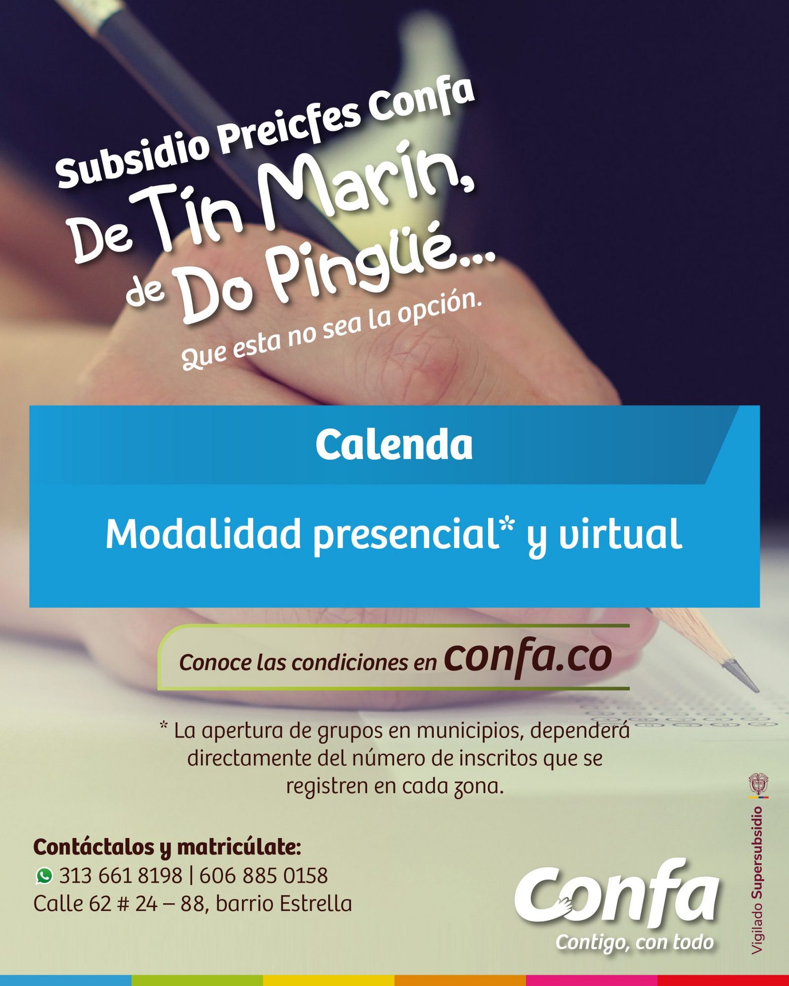 Póster del Subsidio Preicfes Confa con el aliado Calenda: modalidad presencial y virtual