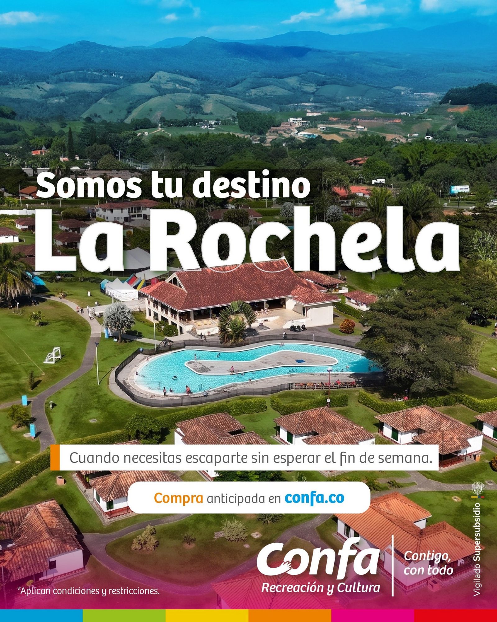 Fotografía aérea del Centro Recreacional La Rochela con el concepto "Somos tu destino" y la invitación a realizar la compra de entradas en confa.co