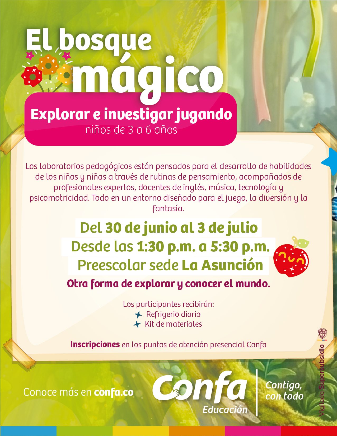 Afiche de los laboratorios pedagógicos de preescolar El bosque mágico para niños de 3 a 6 años, del 30 de junio al 3 de julio en la sede La Asunción