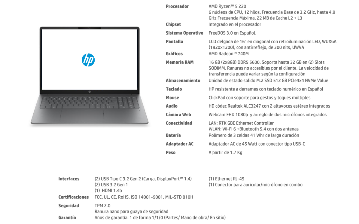 Ficha técnica del computador portátil del subsidio 2026: procesador AMD Ryzen 5, 16 GB de RAM, almacenamiento SSD de 512 GB y pantalla de 16 pulgadas