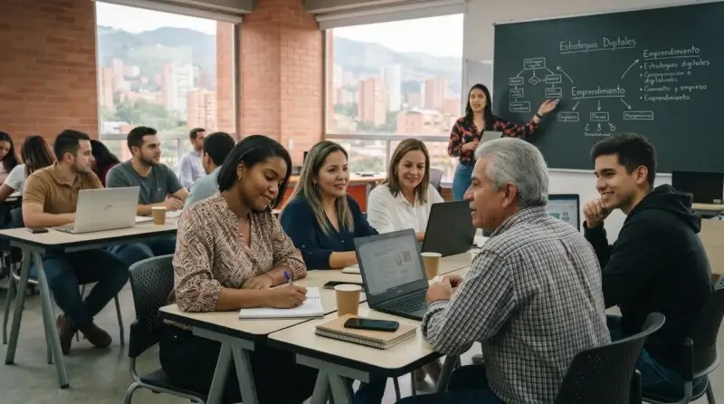 Aula de cursos y talleres de Confa con estudiantes trabajando