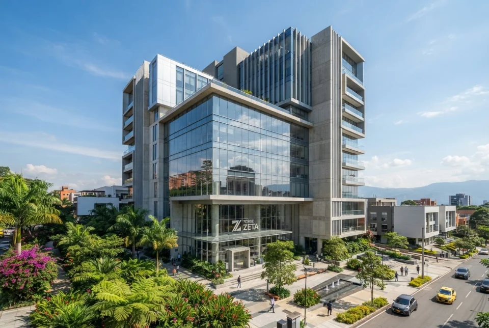 Edificio moderno de vidrio de la sede principal de Confa en Manizales rodeado de jardines