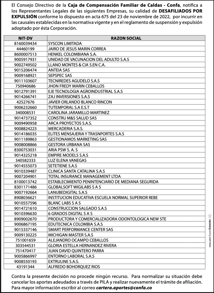 Notificación empresas desafiliadas
