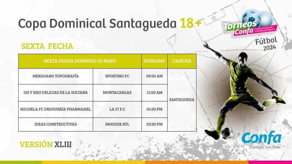 Fútbol en los Centros Recreacionales de Confa este fin de semana